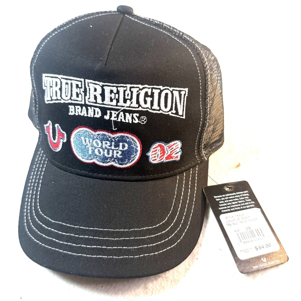 True Religion World Tour Trucker Hat Mens Black Mesh Y2K Patches Streetwear NWT